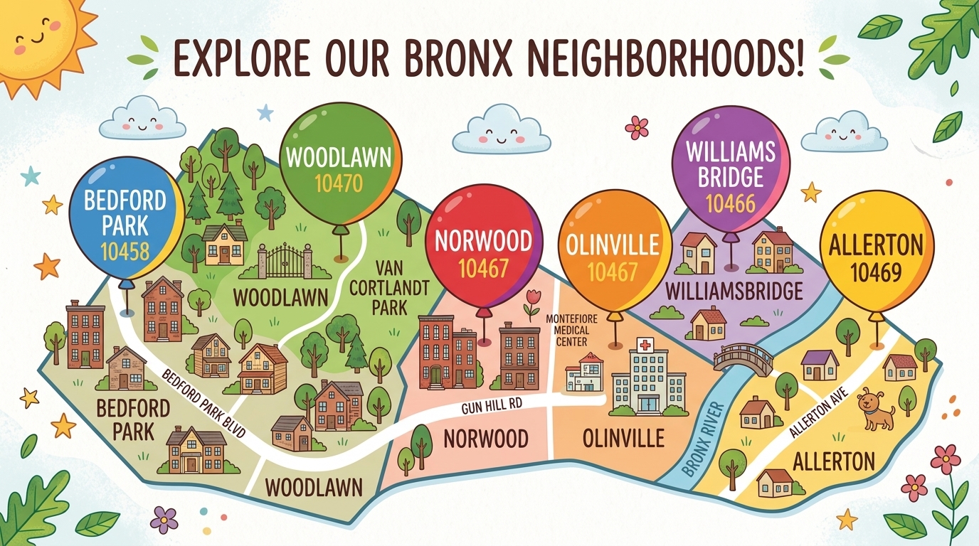 Illustrated map of Bronx neighborhoods served by Sela Daycare including Norwood, Bedford Park, Woodlawn, Williamsbridge, Olinville, and Allerton