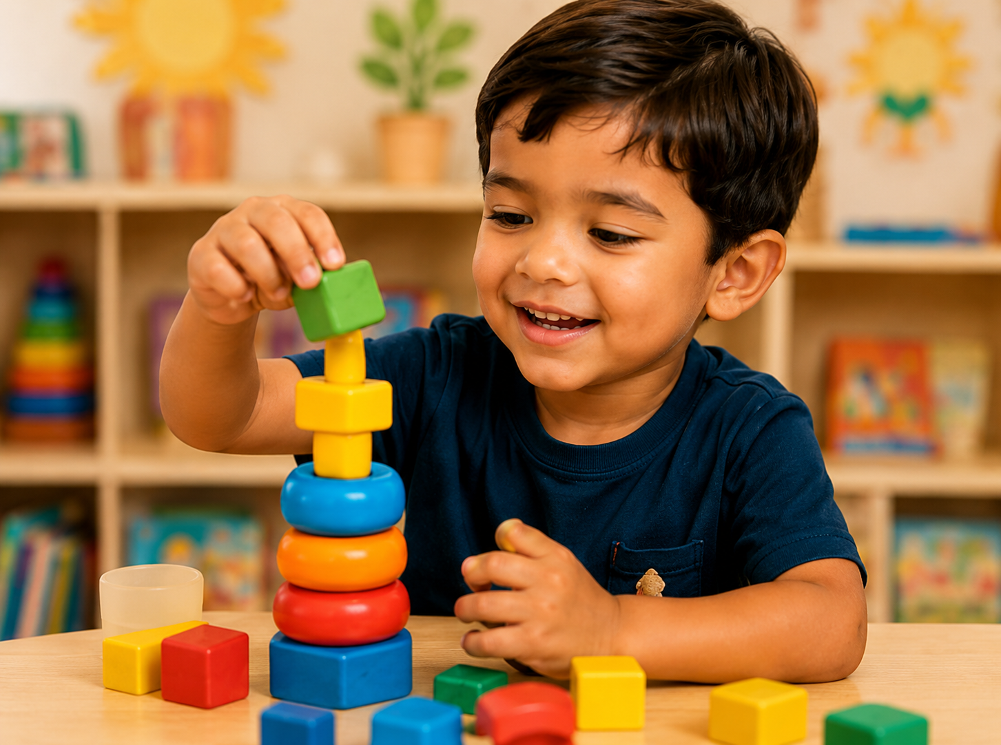 Young boy smiling while stacking colorful wooden blocks in a bright home daycare classroom