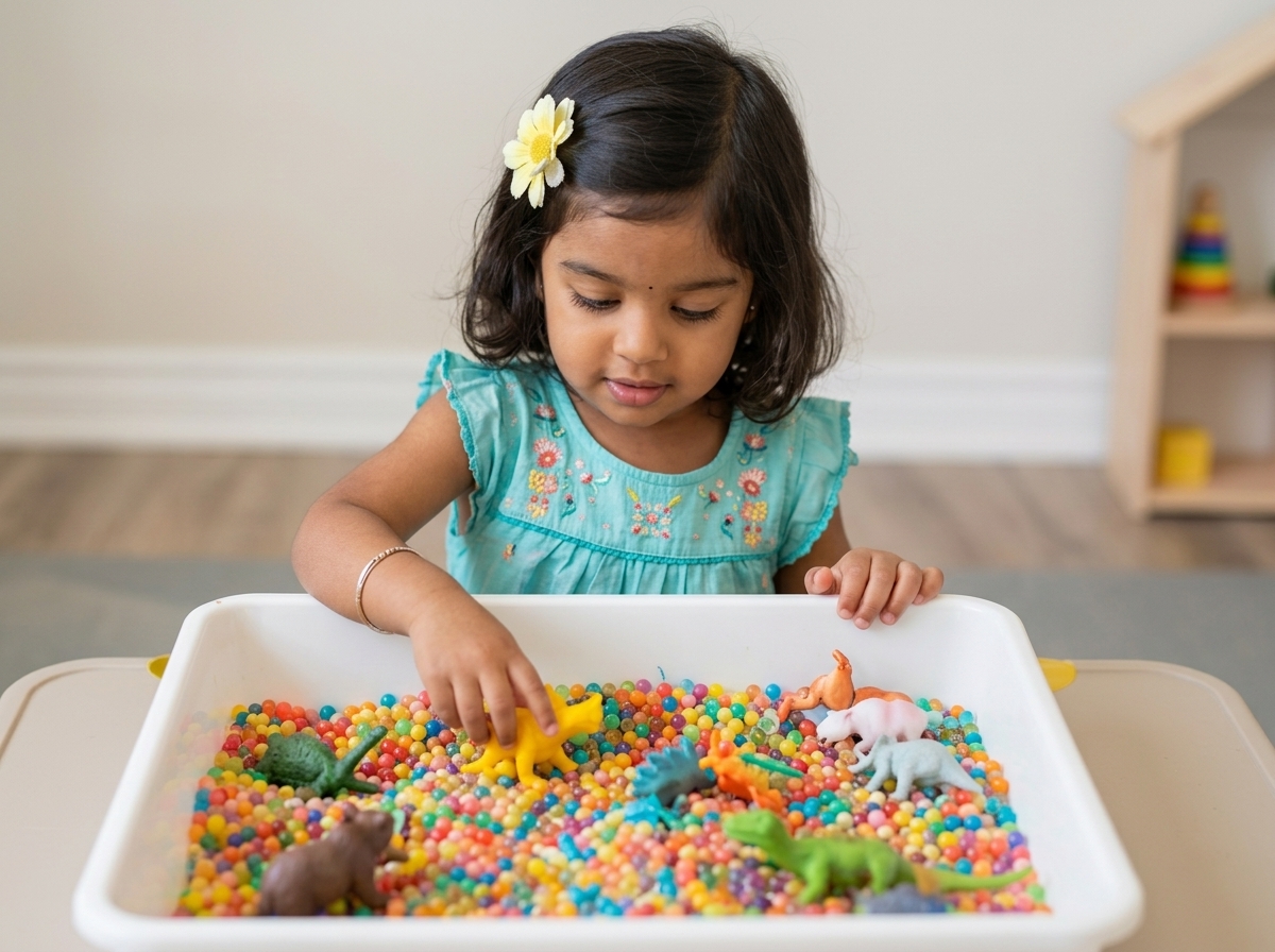 Toddler girl exploring a colorful sensory bin with water beads and toy animals