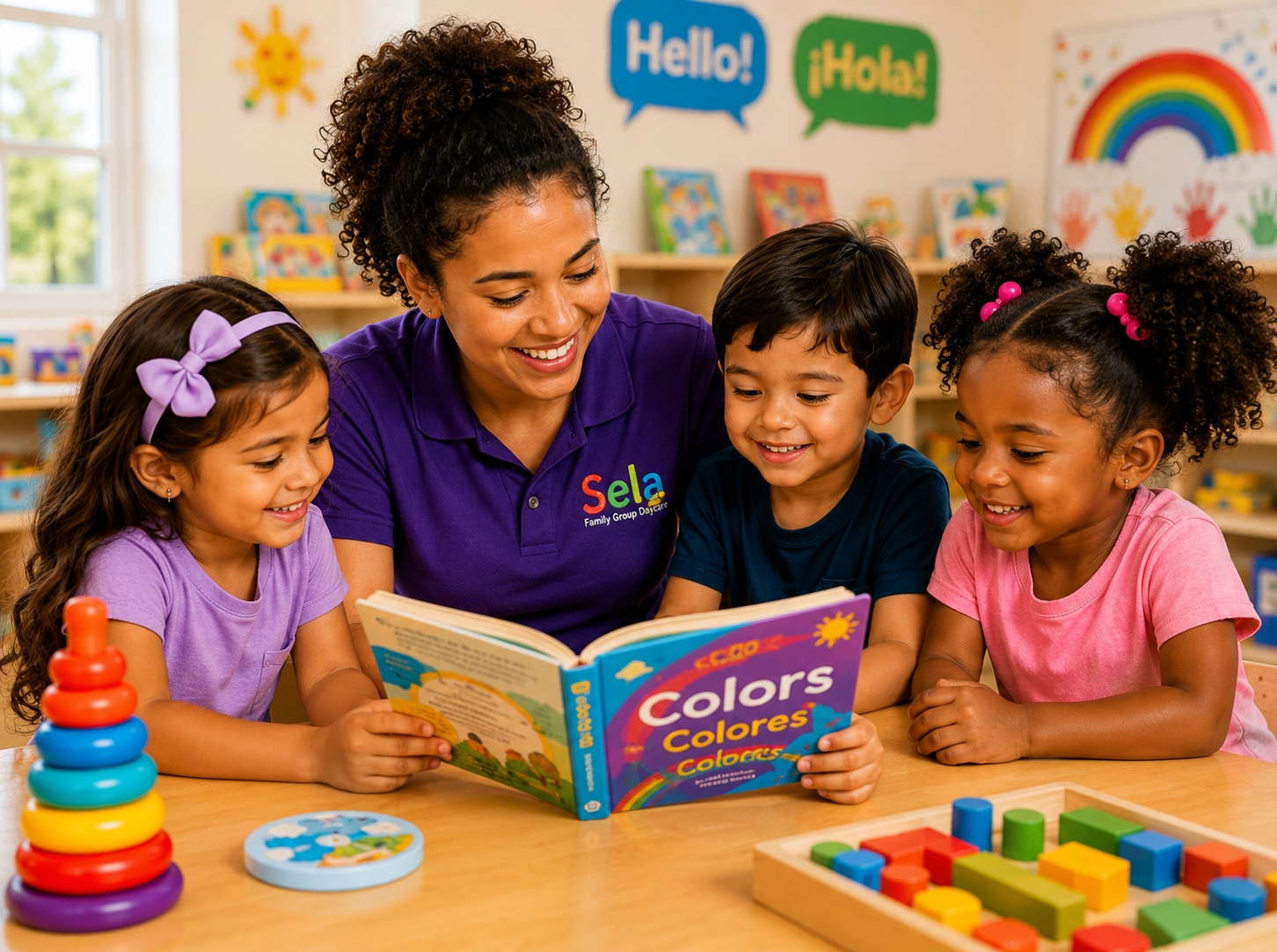 Sela Daycare teacher reading a bilingual Colors book with three smiling children in a bright classroom