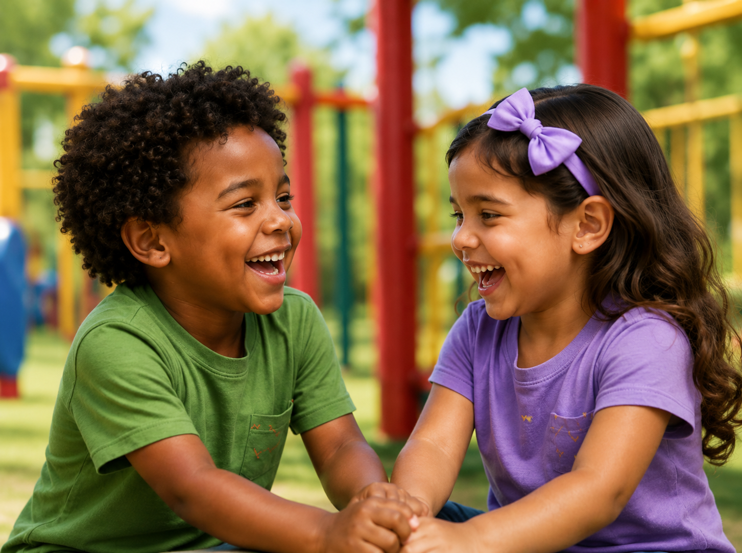 Two children laughing together on a colorful playground