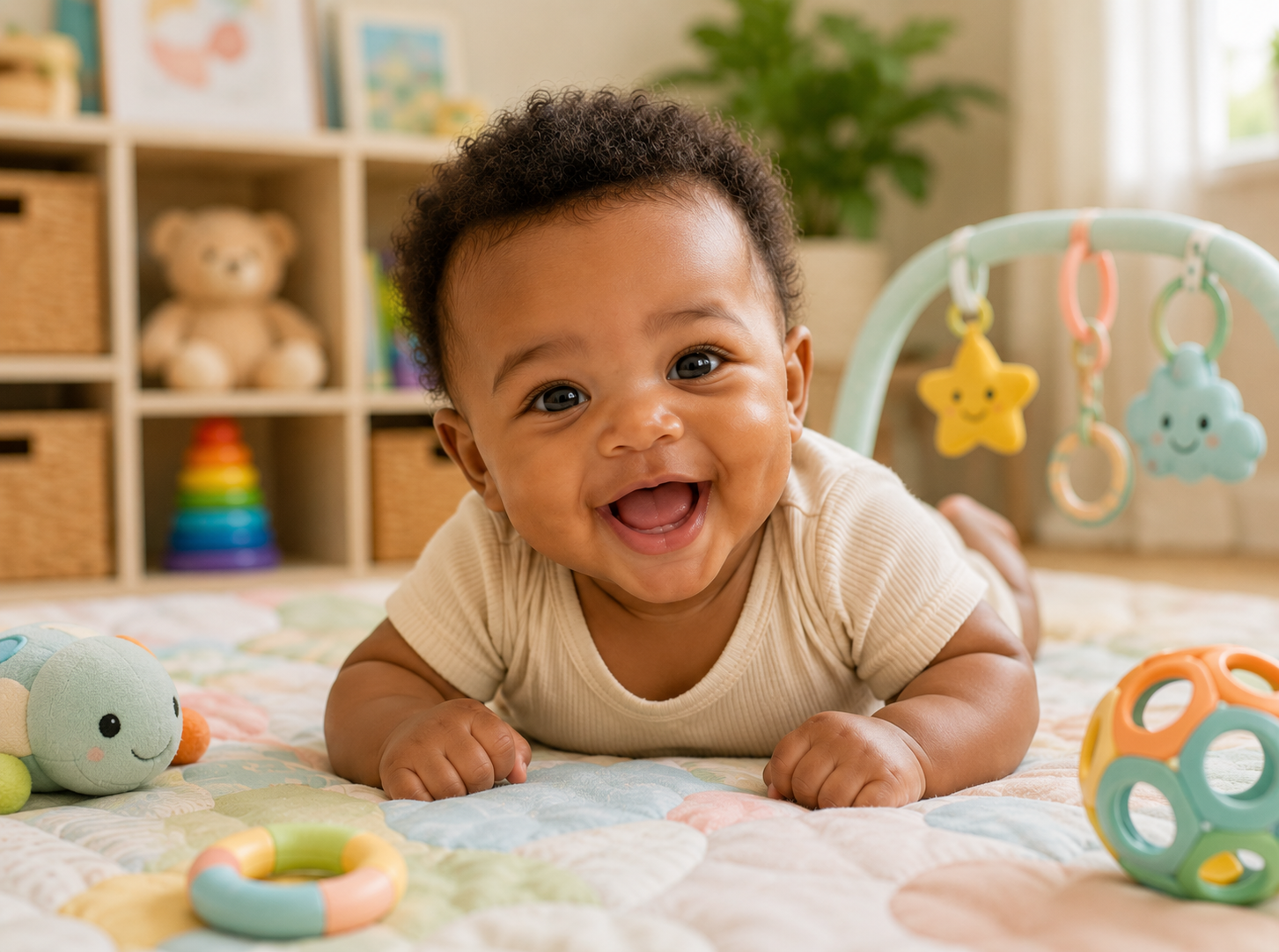 Happy African American infant doing tummy time on a colorful play mat surrounded by soft toys in a bright home daycare room