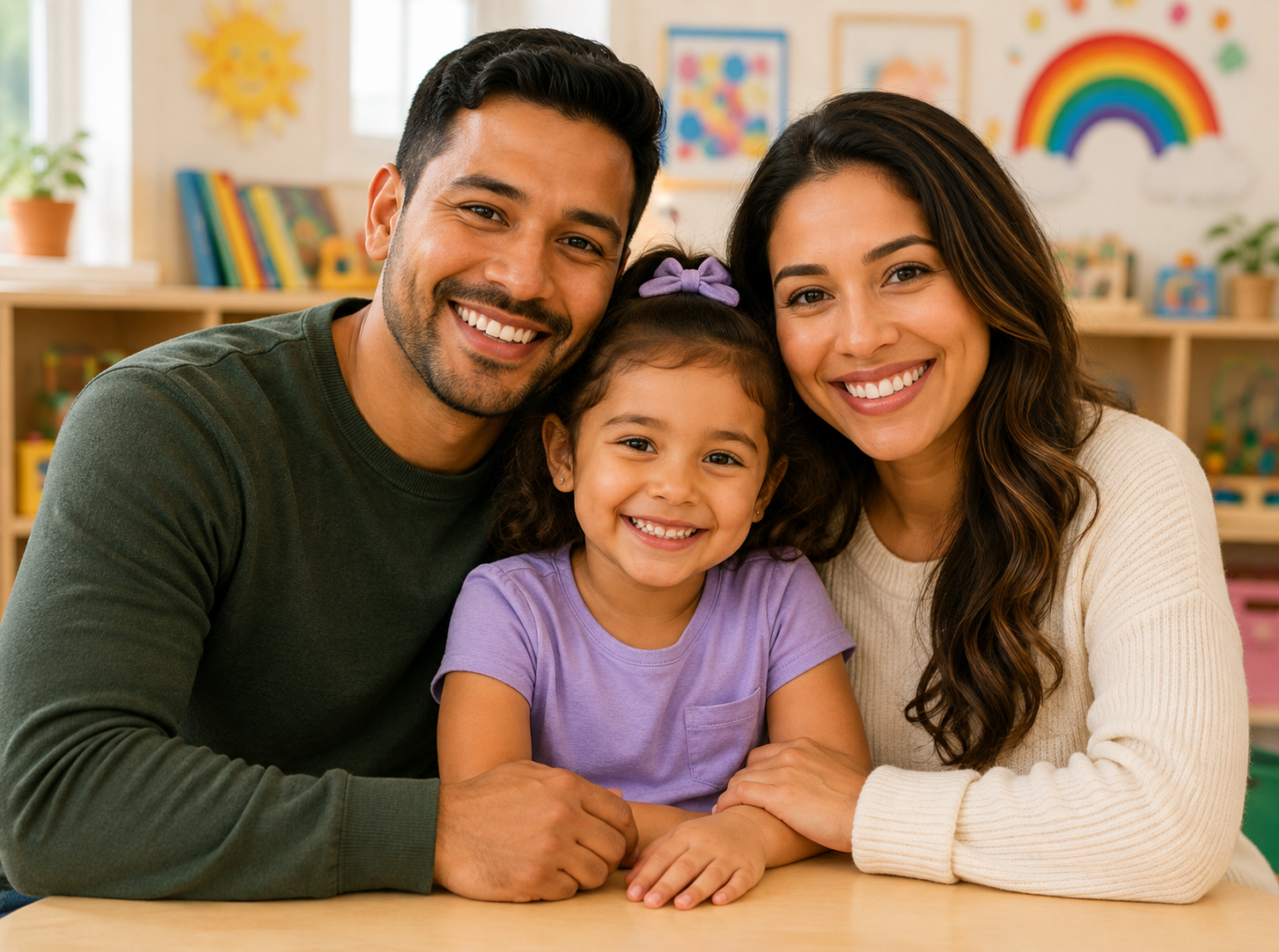 Smiling Latino family — mother, father, and young daughter — together in a colorful daycare classroom