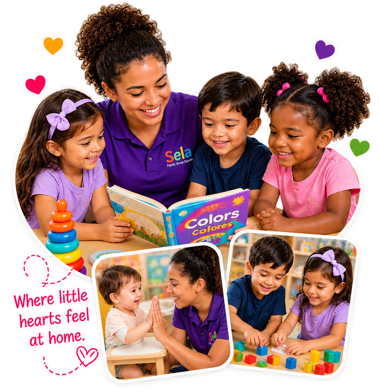 Sela Daycare teachers reading a bilingual colors book, playing with blocks and clapping with a baby