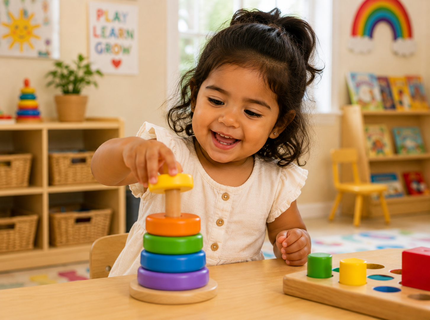 Smiling toddler girl stacking colorful wooden rings in a bright bilingual daycare classroom