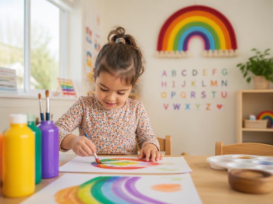 Preschooler painting a rainbow at a craft table