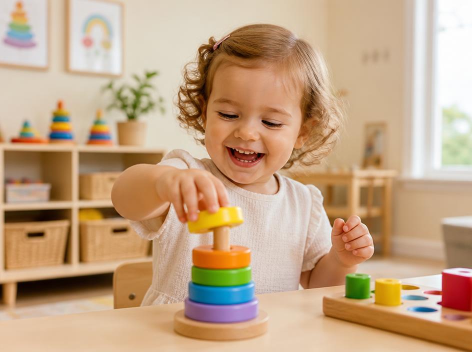 Toddler stacking colorful wooden rings at a play table